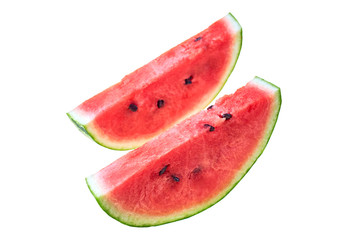 Two pieces of fresh watermelon with red ripe juicy pulp and seeds isolated on white background without shadow