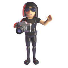 Cartoon 3d goth fashion girl in leather catsuit taking a photo with an SLR camera, 3d illustration