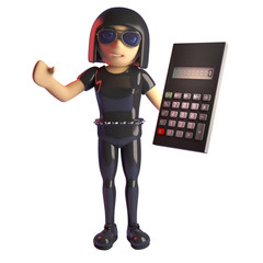 3d cartoon goth fashion girl in leather catsuit holding a digital calculator, 3d illustration
