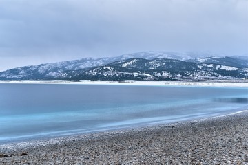 Winter landscape scene in Salda Lake after snowfall, Turkey