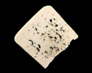 Blue cheese. Isolated on black background. Directly Above.