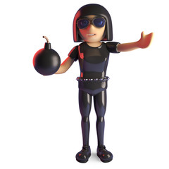 Cartoon 3d goth girl in fashion catsuit holding a gunpowder bomb, 3d illustration
