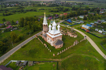 Top view of the Intercession Church on a September cloudy day (aerial photography). The village of Dunilovo. Ivanovo region, Russia