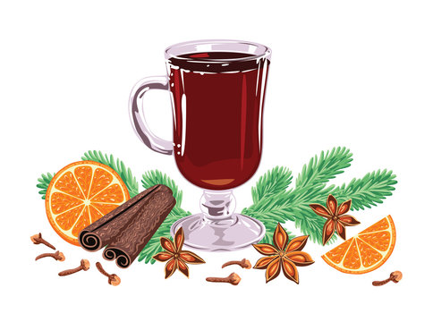 Mulled wine isolated on white background. Hot drink in glass, anise stars, cinnamon, fir branches, fir branches, orange slices, cloves. Vector illustration in flat cartoon style.