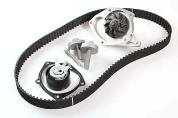Timing Cam Tensioner Belt Kit with Water Pump. Isolated on white background.