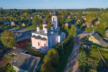 View of the Holy Trinity Church on a sunny August morning (aerial photography). Kresttsy. Novgorod region, Russia