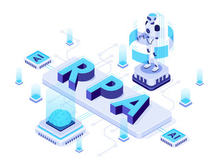 Isometric RPA. Robotic process automation, futuristic artificial intelligence robots and AI learning. Future factory machining work logistic, robotic welding process vector illustration