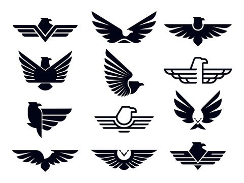 Eagle symbol. Silhouette flying eagles emblem, winged badge and freedom hawk wings stencil. Fly wing logo, falcon heraldic stamp or usa army uniform sticker. Isolated vector icons bundle