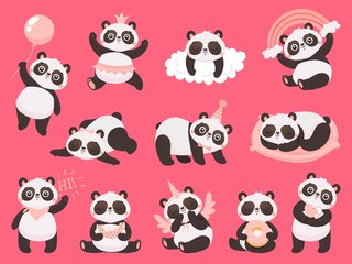 Cartoon cute panda. Little baby pandas, adorable sleeping animals and pink princess panda bear. Chibi mascot character, bamboo pandas expression. Isolated vector illustration icons set © Tartila