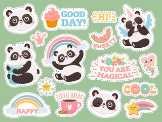 Cute panda stickers. Happy pandas patches, cool animals and winked panda sticker. Bear emotion doodle characters, kawaii comic emoji logo. Isolated vector illustration icons set © Tartila