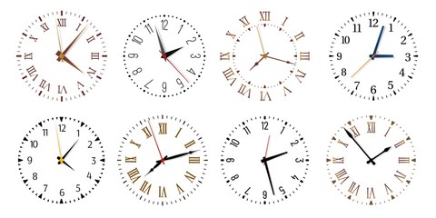 Modern clock faces. Minimalist watch, round clocks and watch face. Ticking clock timer measurement symbols, work time deadline metaphor. Isolated vector icons set - obrazy, fototapety, plakaty
