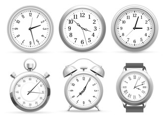 Realistic clocks. Wall round clock, alarm and wristwatches. Stopwatch timer, time watch or analog am pm chronometer, clocks face. Isolated vector 3D illustration icons set
