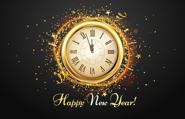 Fototapeta na wymiar New Year countdown watch. Holiday antique clock with golden confetti, Happy New Year greeting card. 2020 gold christmas poster, xmas night celebrate time countdown vector illustration