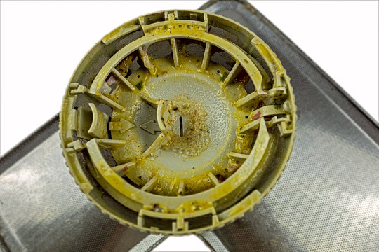 Dishwasher  strainer soiled with leftovers and fat