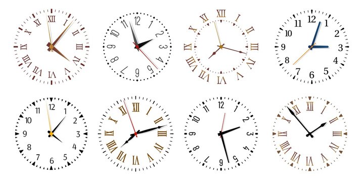Modern clock faces. Minimalist watch, round clocks and watch face. Ticking clock timer measurement symbols, work time deadline metaphor. Isolated vector icons set