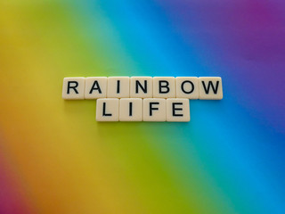 Bright rainbow colored background sign with the words 