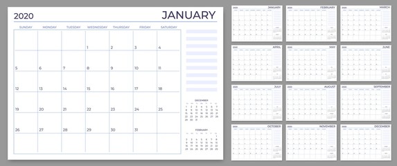 Monthly planner template. Year calendar notes grid, 2020 planners sheets and yearly scheduling calendars. Daily or week planner, date reminder lists, month planner vector set