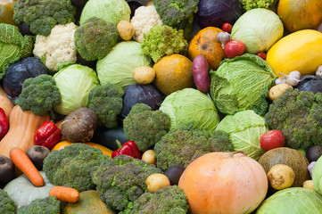 Assortment of fresh vegetables close up. Vegetables top view background.