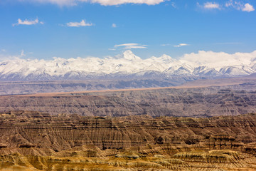 View from the Tibetan plateau to the Main Himalayan Range and the valley of the Sutledge River. Tibet.