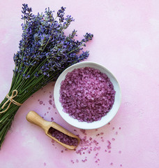 Obraz na płótnie Canvas flat lay composition with lavender flowers and natural sea salt