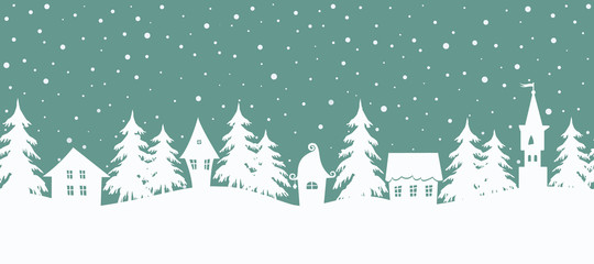 Obraz premium Christmas background. Fairy tale winter landscape. Seamless border. There are white houses and fir trees on a turquoise background. Winter village. Vector illustration