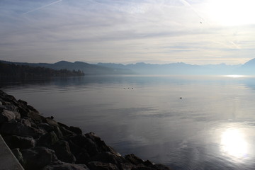 sunrise over the Geneva lake in Lausanne Switzerland