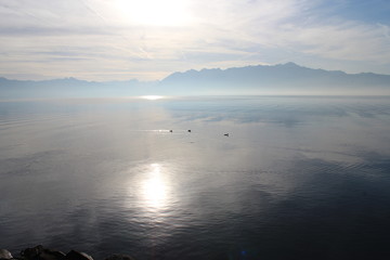 sunrise over the Geneva lake in Lausanne Switzerland