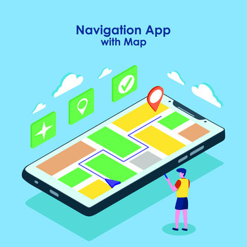 isometric map GPS navigation, Smartphone map application and red pinpoint on screen
