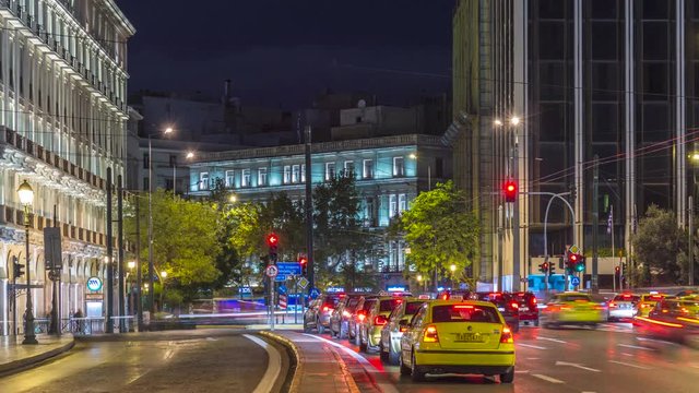 Hyperlapse video of city lights and cars at night in downtown Athens, Greece