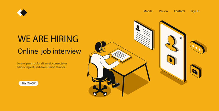 Concept online job interview, people recruitment process, hr manager, modern technology concept hiring, man sitting at table and sets questions. 3d vector isometric illustration on yellow background.