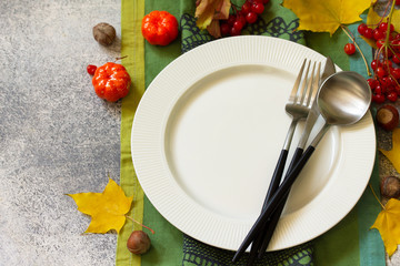Autumn rustic table. Thanksgiving or autumn harvest table setting on stone or slate table.