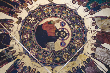 Street view of Sibiu, Holy Trinity Cathedral mosaic 