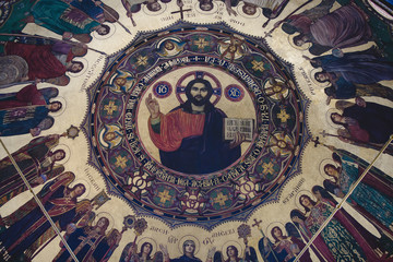 Street view of Sibiu, Holy Trinity Cathedral mosaic 