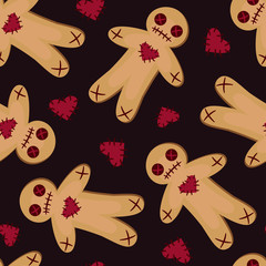 Vector seamless pattern with voodoo dolls on dark red background. Halloween background for greeting card, gift box, wallpaper, fabric, textile, package, web design. - 295594766