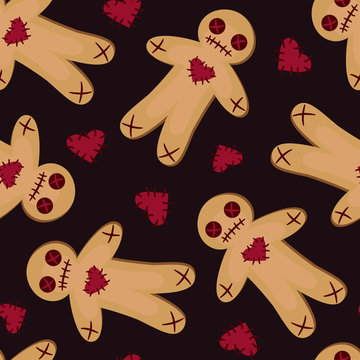 Vector seamless pattern with voodoo dolls on dark red background. Halloween background for greeting card, gift box, wallpaper, fabric, textile, package, web design.