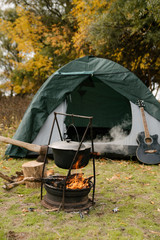 Hiking pot, Bowler in the bonfire. Fish soup boils in cauldron at the stake.