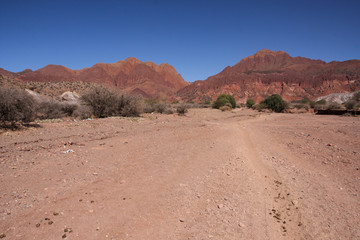 The desert of Cordillero de los Chicas with bright blue sky and mountain range in background