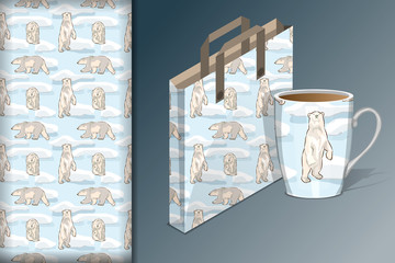Christmas seamless patterns, Bag and cup and mock up with polar bear Concept for design of fabric and paper for printing