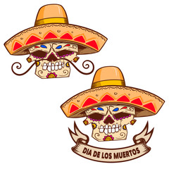 Illustration of mexican sugar skull in sombrero isolated on white background. Design element for logo, label, badge, sign. Vector illustration