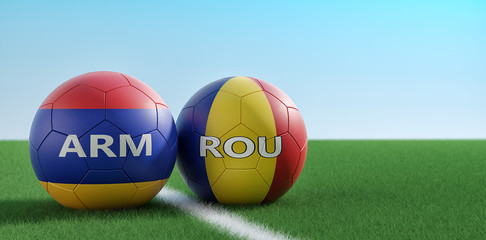Romania vs. Armenia Soccer Match - Soccer balls in Armenia and Romania national colors on a soccer field. Copy space on the right side - 3D Rendering
