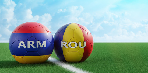 Romania vs. Armenia Soccer Match - Soccer balls in Armenia and Romania national colors on a soccer field. Copy space on the right side - 3D Rendering