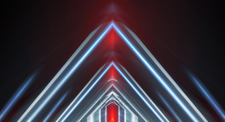 Fototapeta premium Abstract light tunnel, portal, corridor. Dark night scene neon background with rays and lines. Symmetric reflection.