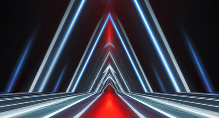 Abstract light tunnel, portal, corridor. Dark night scene neon background with rays and lines. Symmetric reflection.