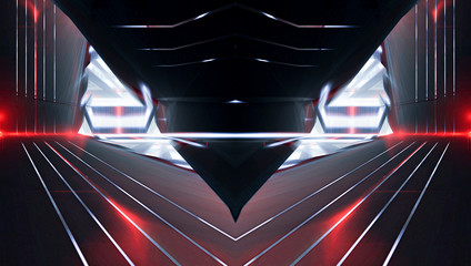 Abstract light tunnel, portal, corridor. Dark night scene neon background with rays and lines. Symmetric reflection.