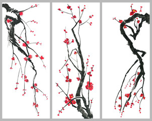 Set of sakura blossom branches. Pink and red stylized flowers of plum mei and  wild cherry . Watercolor and ink illustration of tree in style sumi-e, go-hua,  u-sin. Oriental traditional painting. .