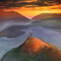 watercolor digital painting mountain sunset and man on the top, freedom concept 