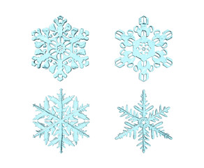 3d rendering set of realistic snowflakes isolated on a white background. Cartoon minimalistic toy style.