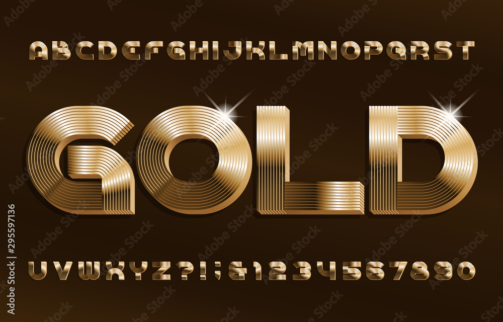 Fototapete 3d gold alphabet font. shiny golden letters and numbers in 70s style. stock vector typescript for yo