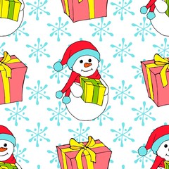Christmas watercolor seamless pattern with Christmas toys, gifts and snowflakes. Perfect for wallpapers, wrapping paper, pattern fills, winter greetings, web page background. Separate illustrations