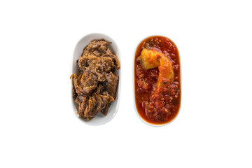 Vegetarian dip Eggplant, baked pepper and tomato paste isolated on white background